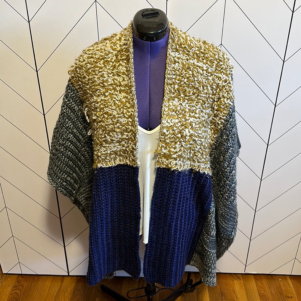 World Market Colorblock Knit Blue Gray Brown Crochet Poncho Shrug Cardigan